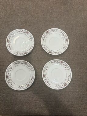 White Porcelain Saucer Set with Brown Floral Trim